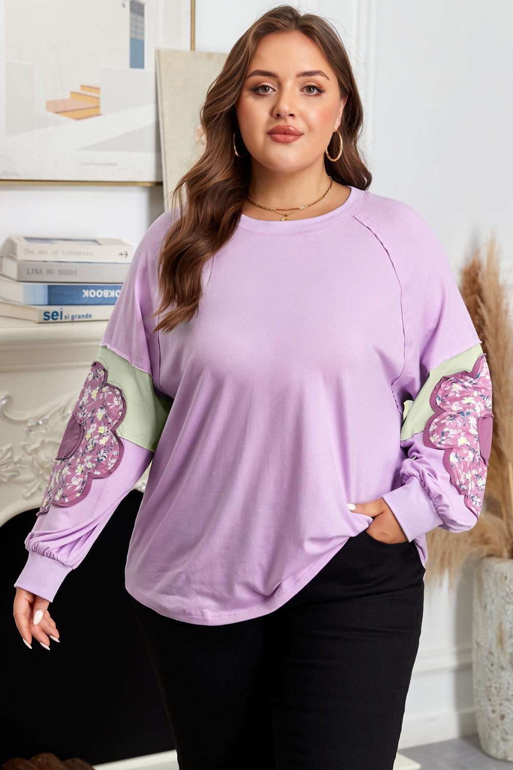 Flower Patch Colorblock Long Sleeve Pullover | Plus Size | Lavender | 1X–4X