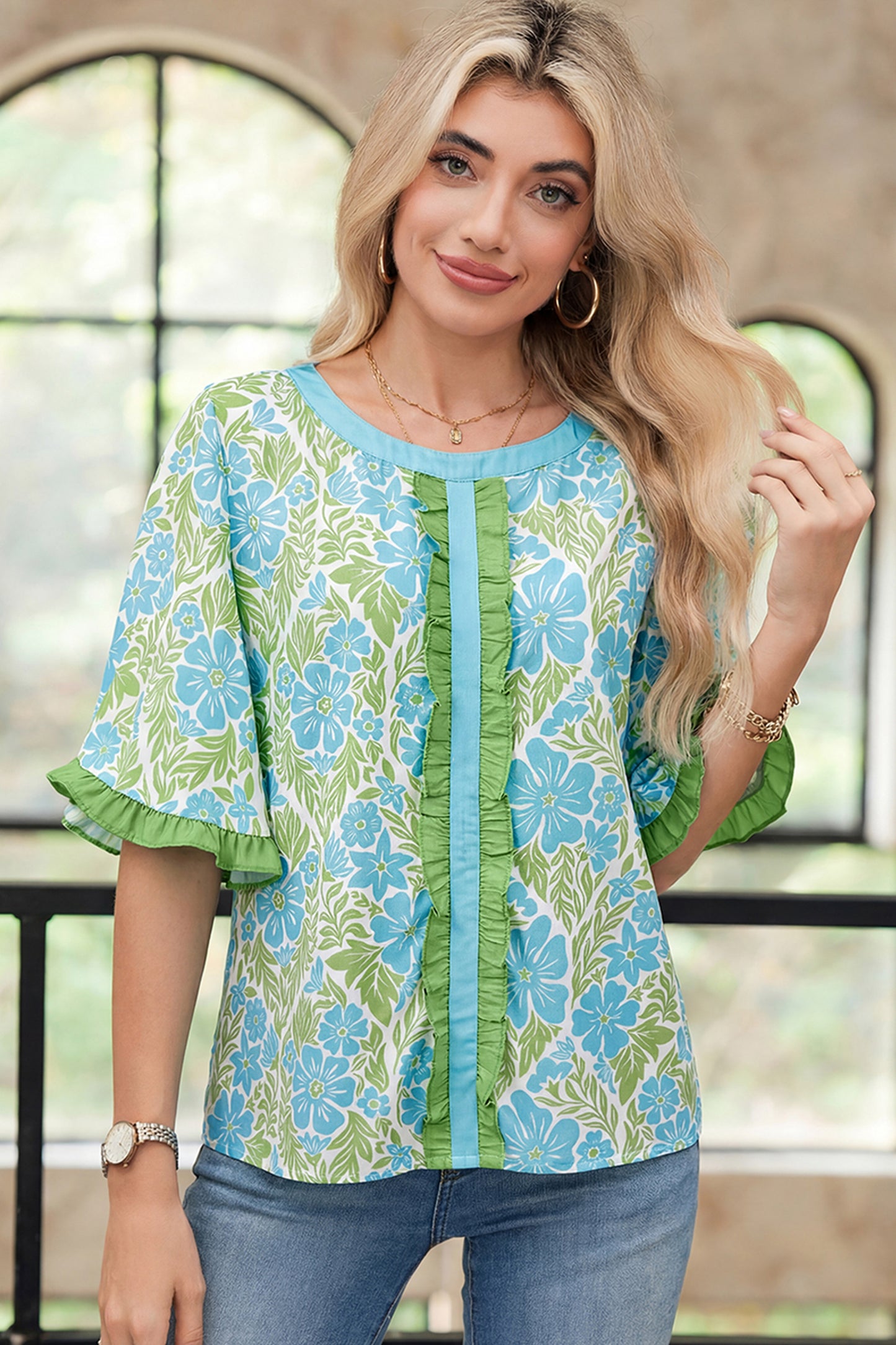 Floral Print Ruffle Sleeve Blouse Women S–XL