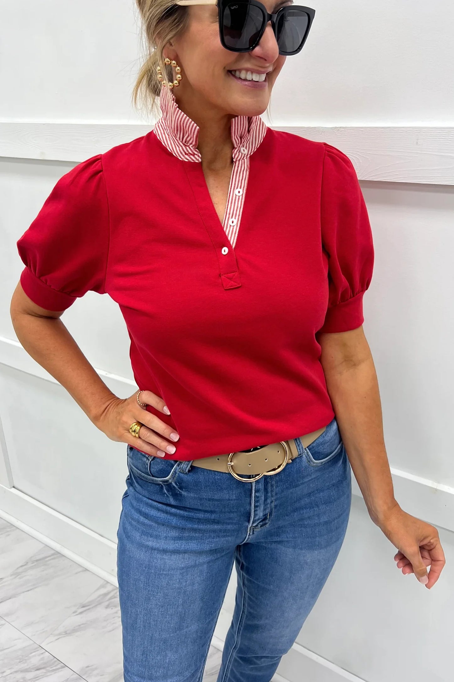 Ruffle Collar Short Sleeve Blouse Women S–XL