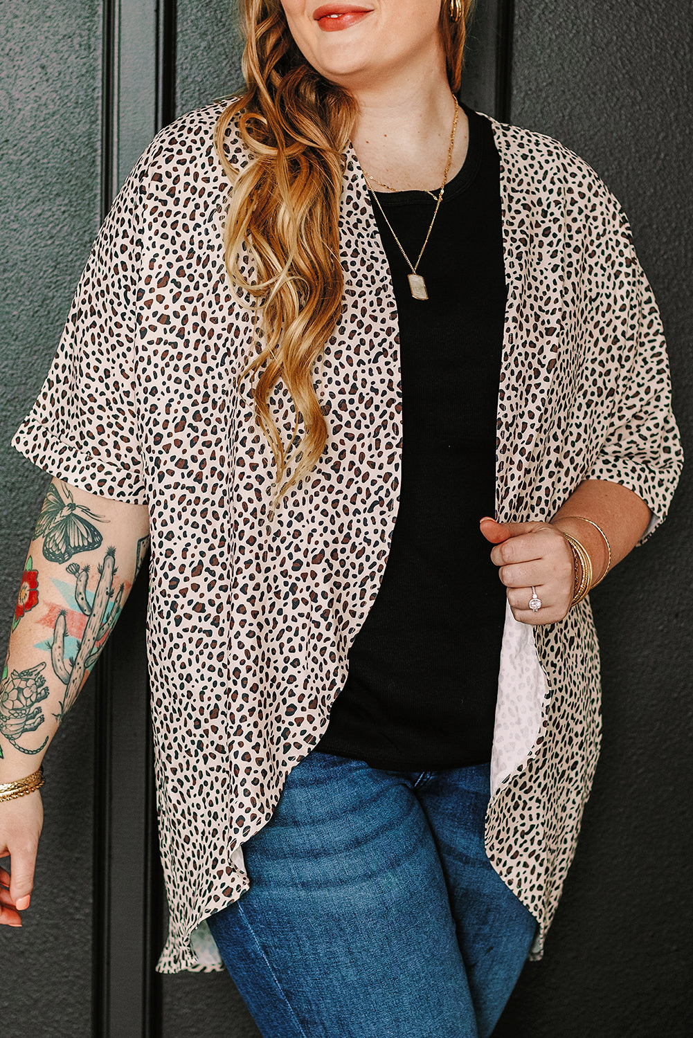 Khaki Leopard Print Open Front Cardigan – Plus Size 1X–3X