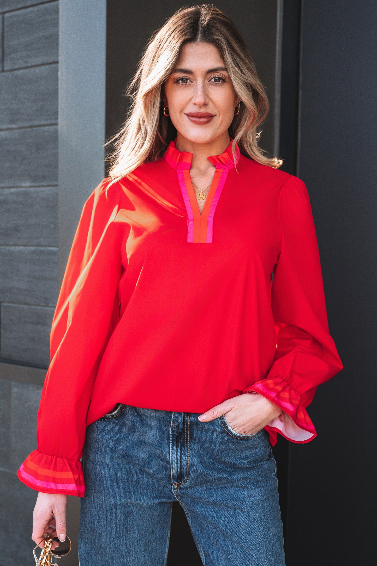Striped Trim Ruffle Split Neck Long Sleeve Blouse | Red
