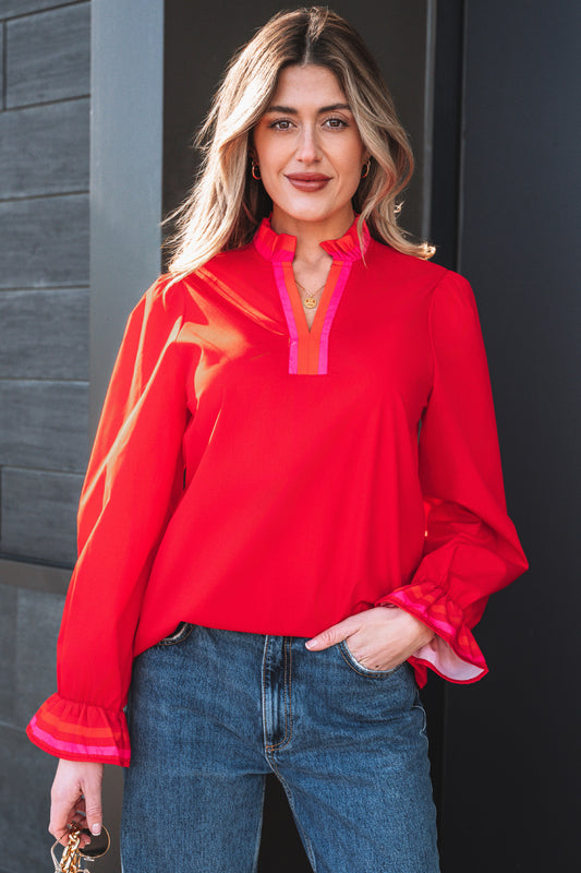 Striped Trim Ruffle Split Neck Long Sleeve Blouse | Red