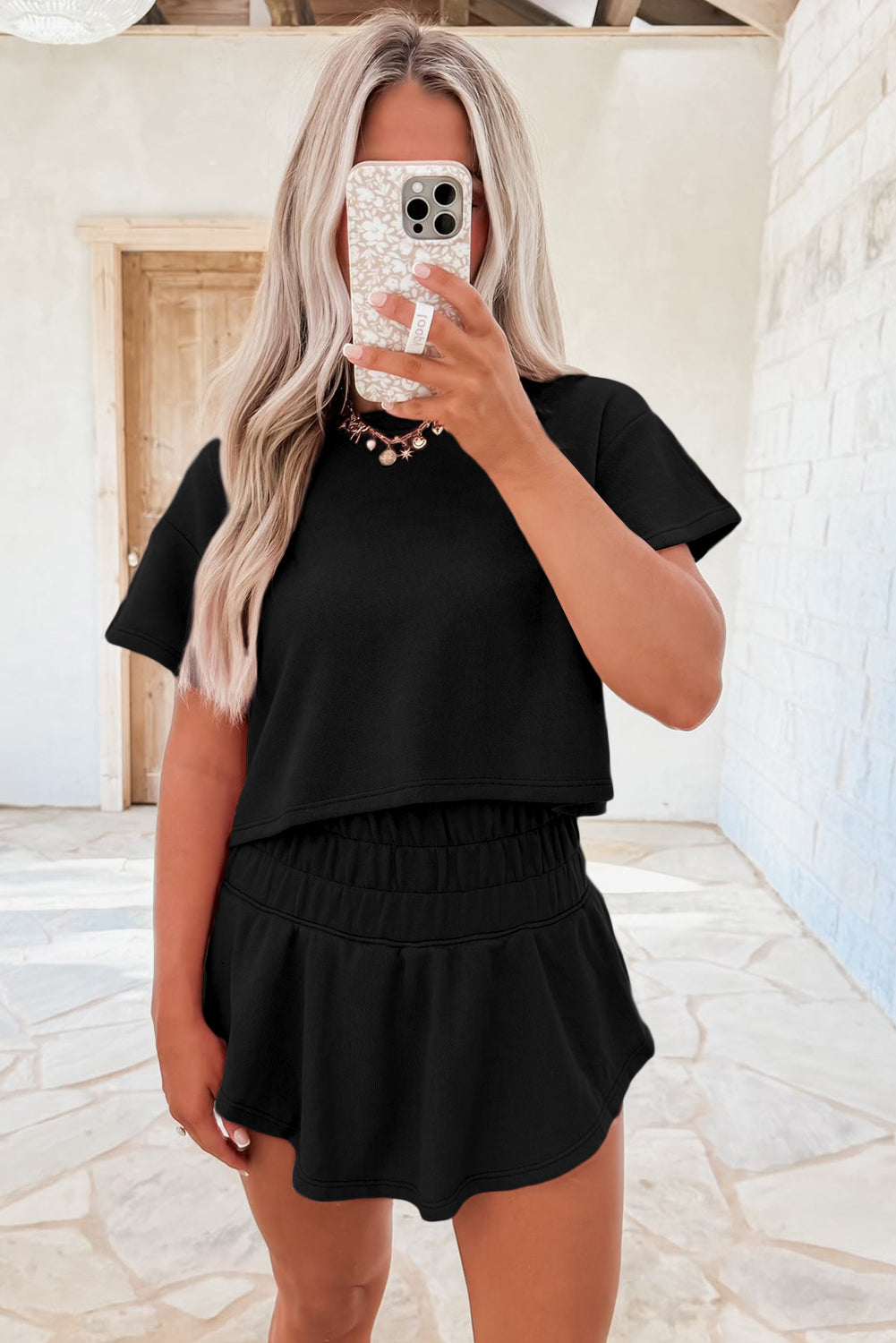 Cropped Tee and Ruffle High Waist Skort Set in Black