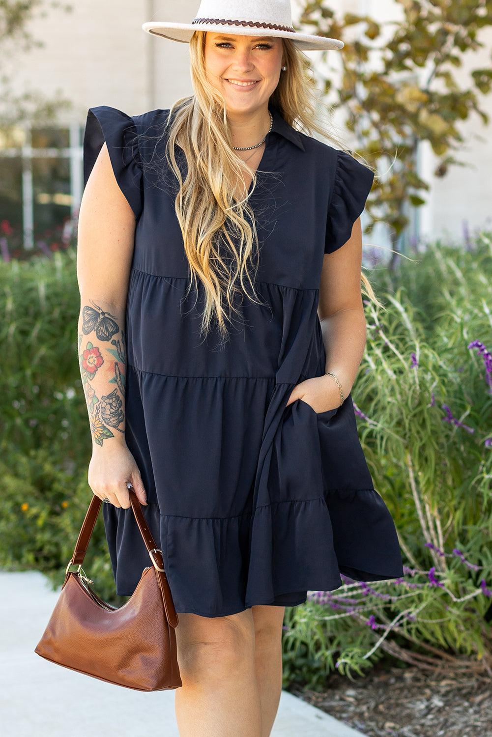 Plus Size Navy Blue Tiered Midi Dress Women 1X–4X
