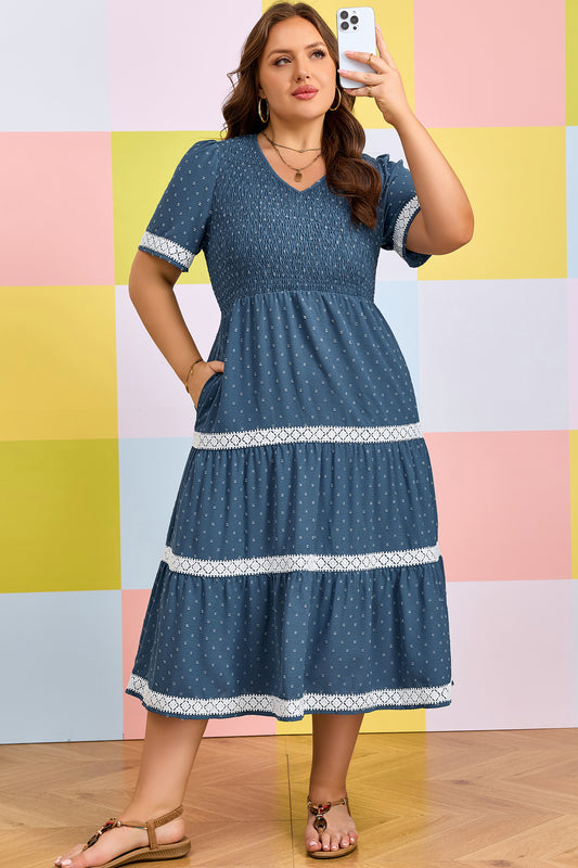 Blue Plus Size Swiss Dot Midi Dress 1X–4X