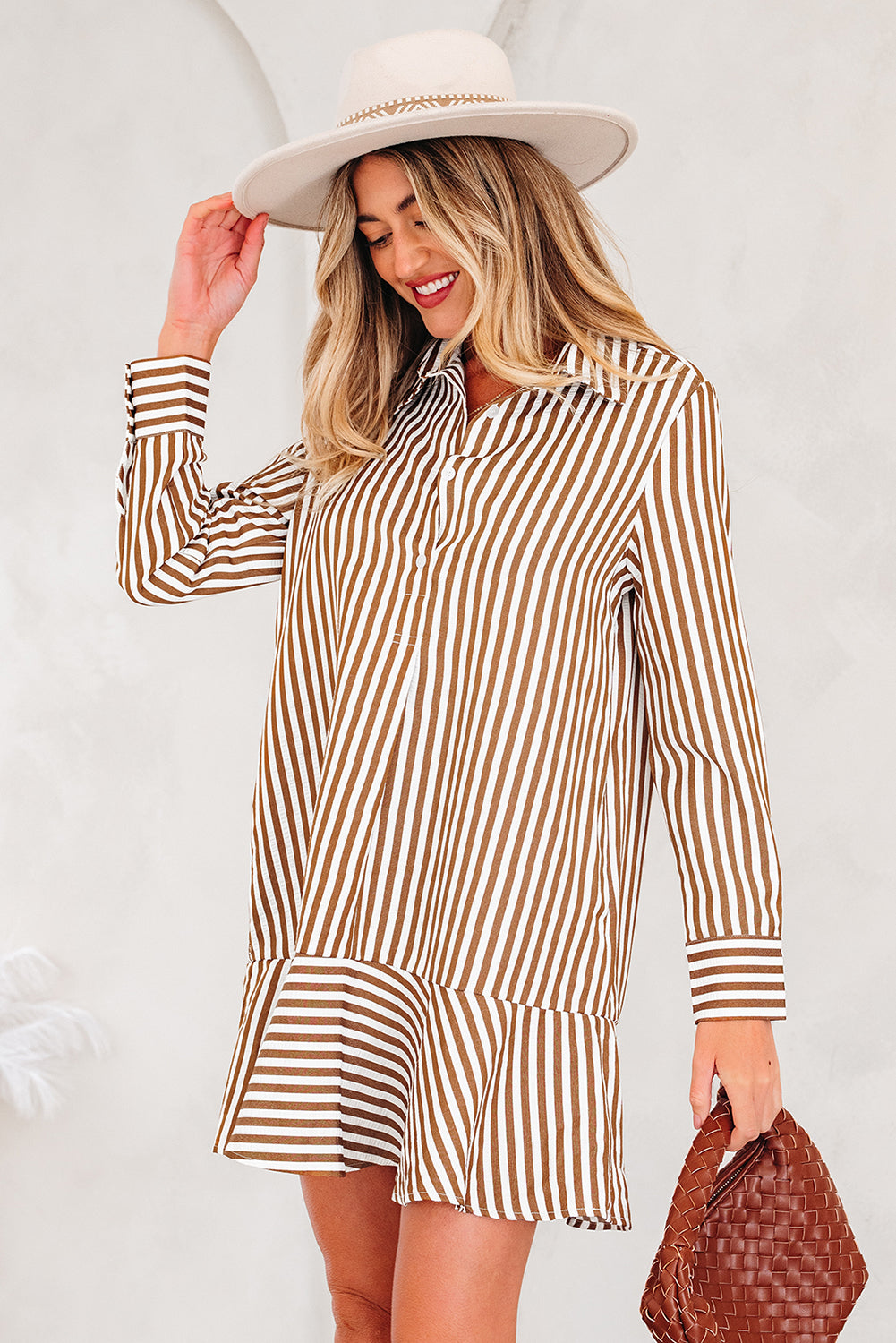 Brown Stripe Shirt Mini Dress Women S–XL