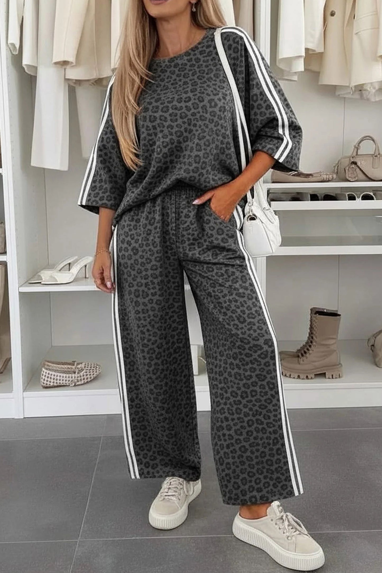 Women's Leopard Print Varsity Two Piece Set S to XL