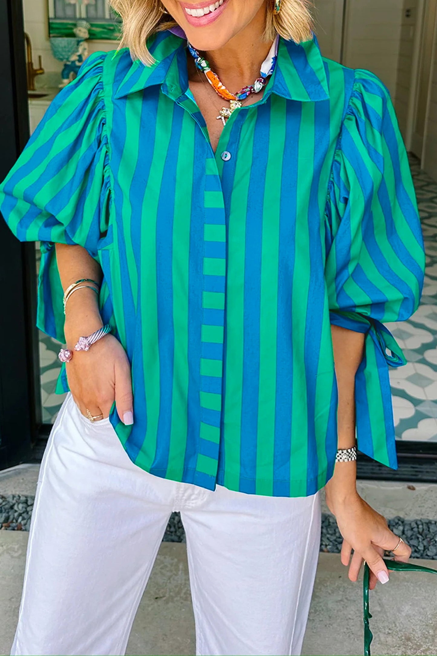 Womens Puff Sleeve Striped Blouse S–XL