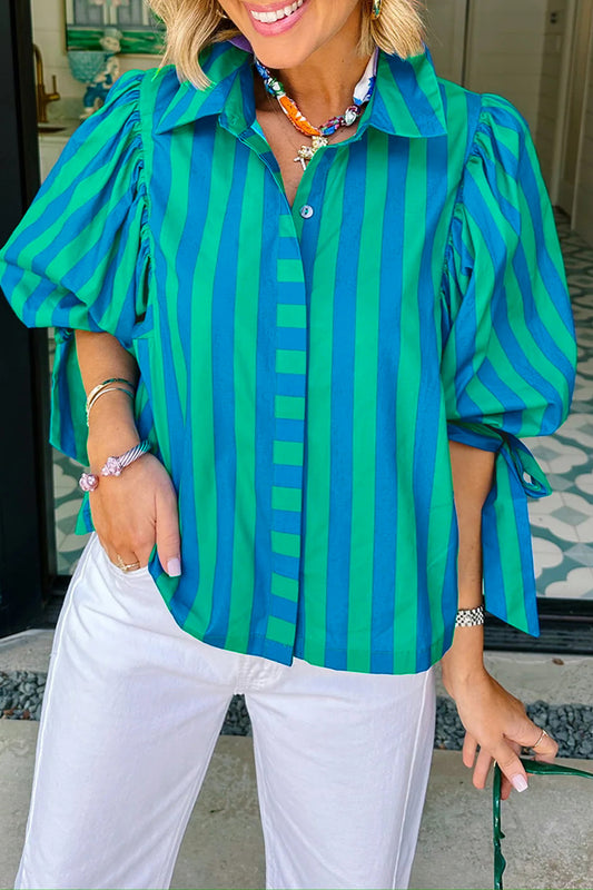 Womens Puff Sleeve Striped Blouse S–XL