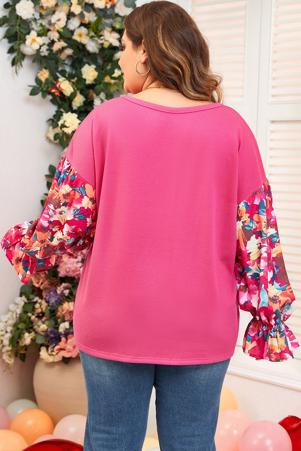 Floral Patchwork Flounce Sleeve Ribbed Knit Top – Bright Pink Plus Size 1X–4X