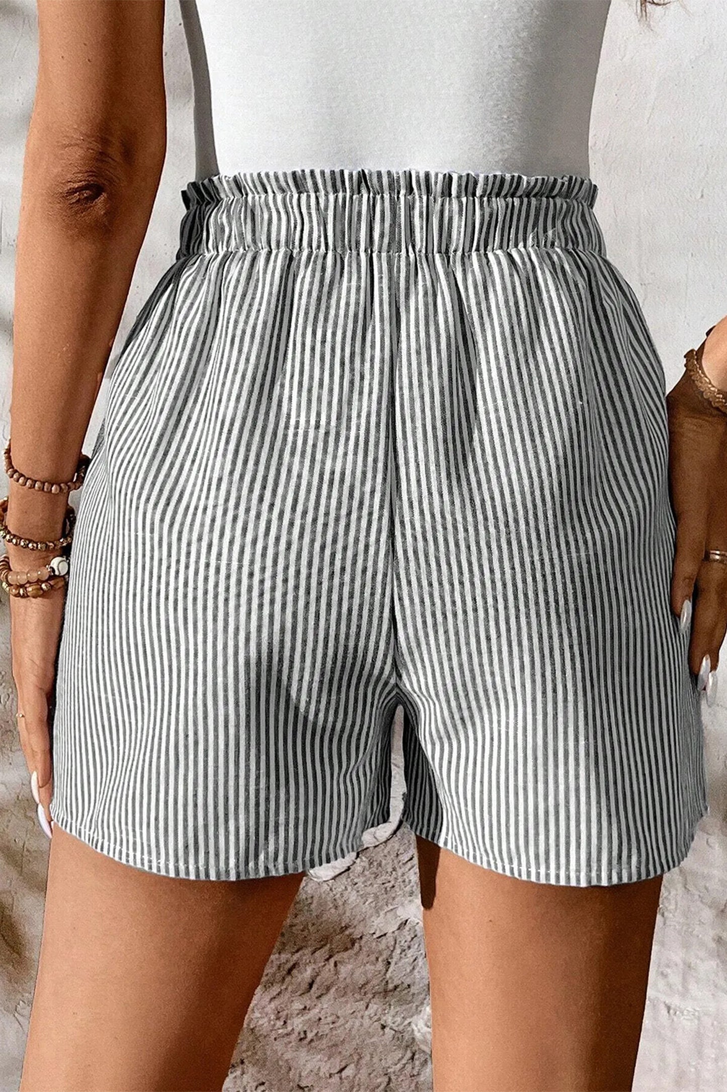 Grey Stripe Lace-Up Elastic Waist Casual Shorts with Pockets | S–XL