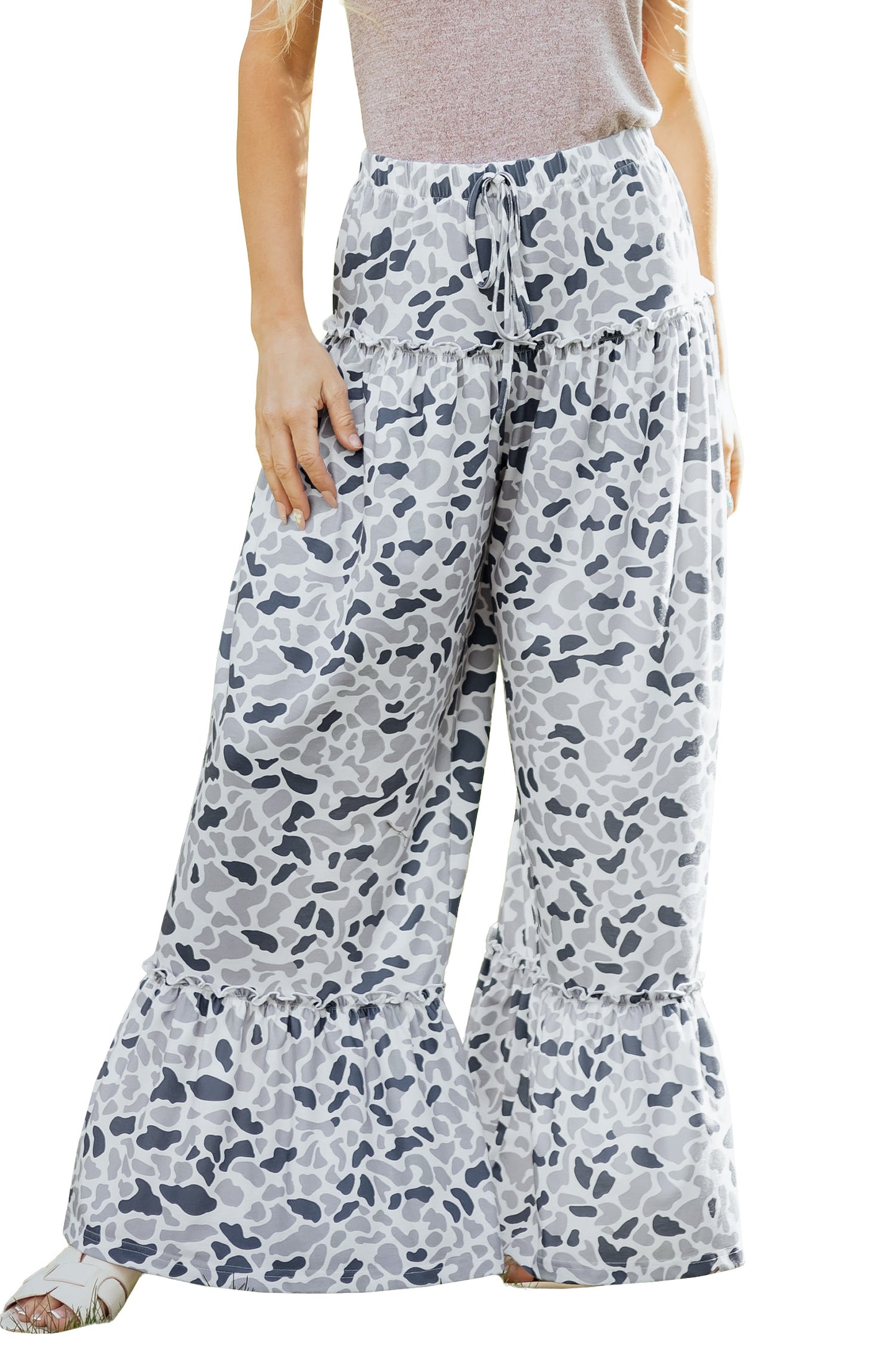 Beige Camo Print Elastic Waist Wide Leg Pants | S–XL