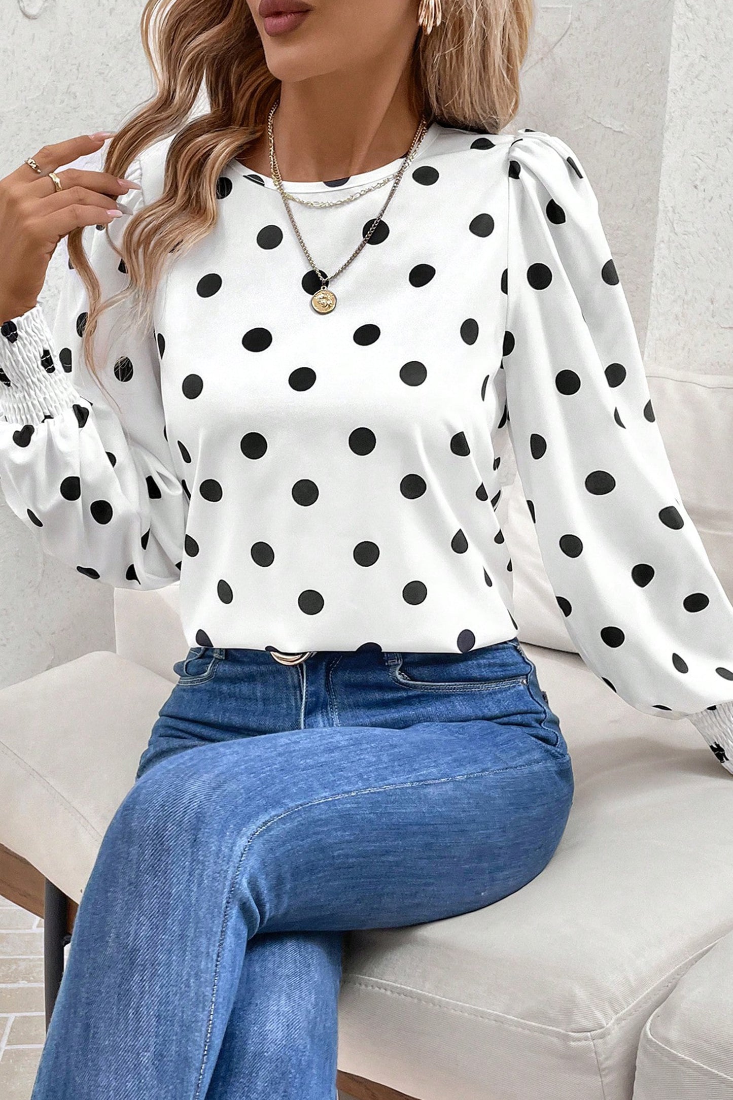 Polka Dot Frilled Long Sleeve Blouse
