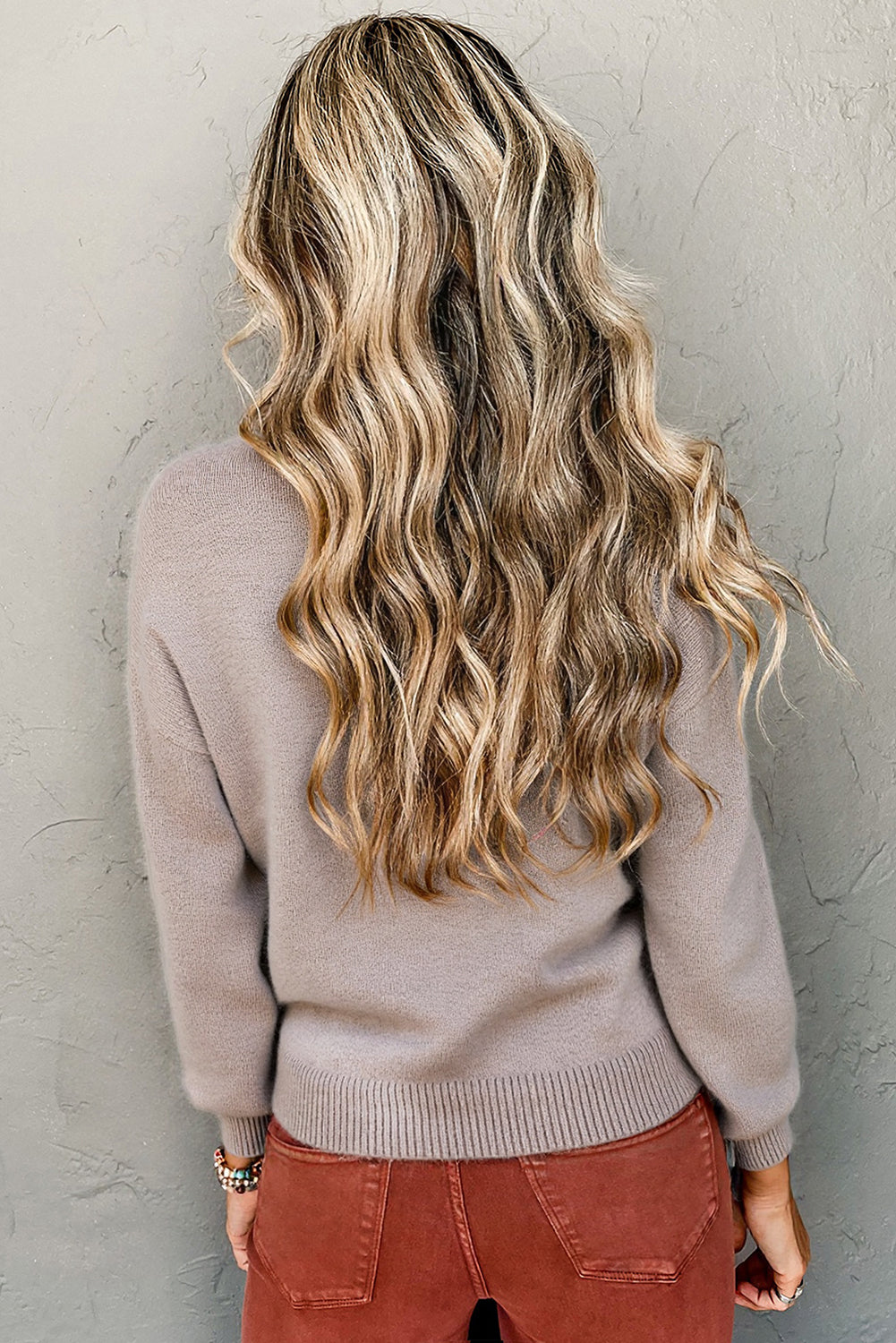 Embroidered Floral Sleeve Round Neck Loose Knit Sweater