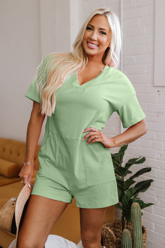 Pastel Green Loose Half Sleeve V Neck Knit Romper