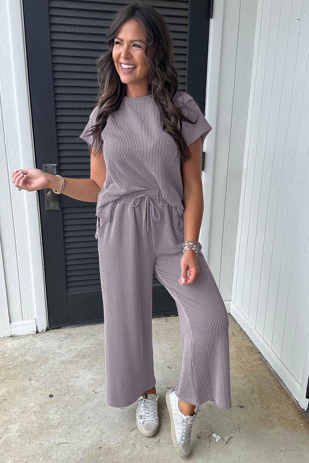Corded Knit Short-Sleeve Tee & Wide-Leg Pants Set | Taupe