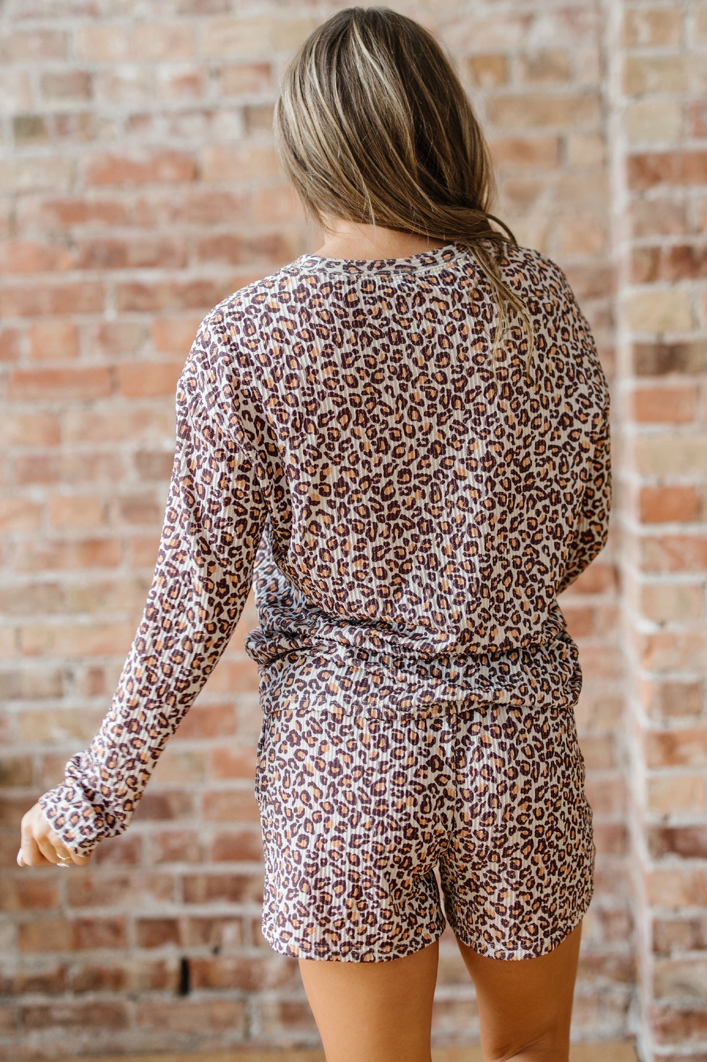 Khaki Leopard Ribbed Long Sleeve Top Drawstring Shorts Set