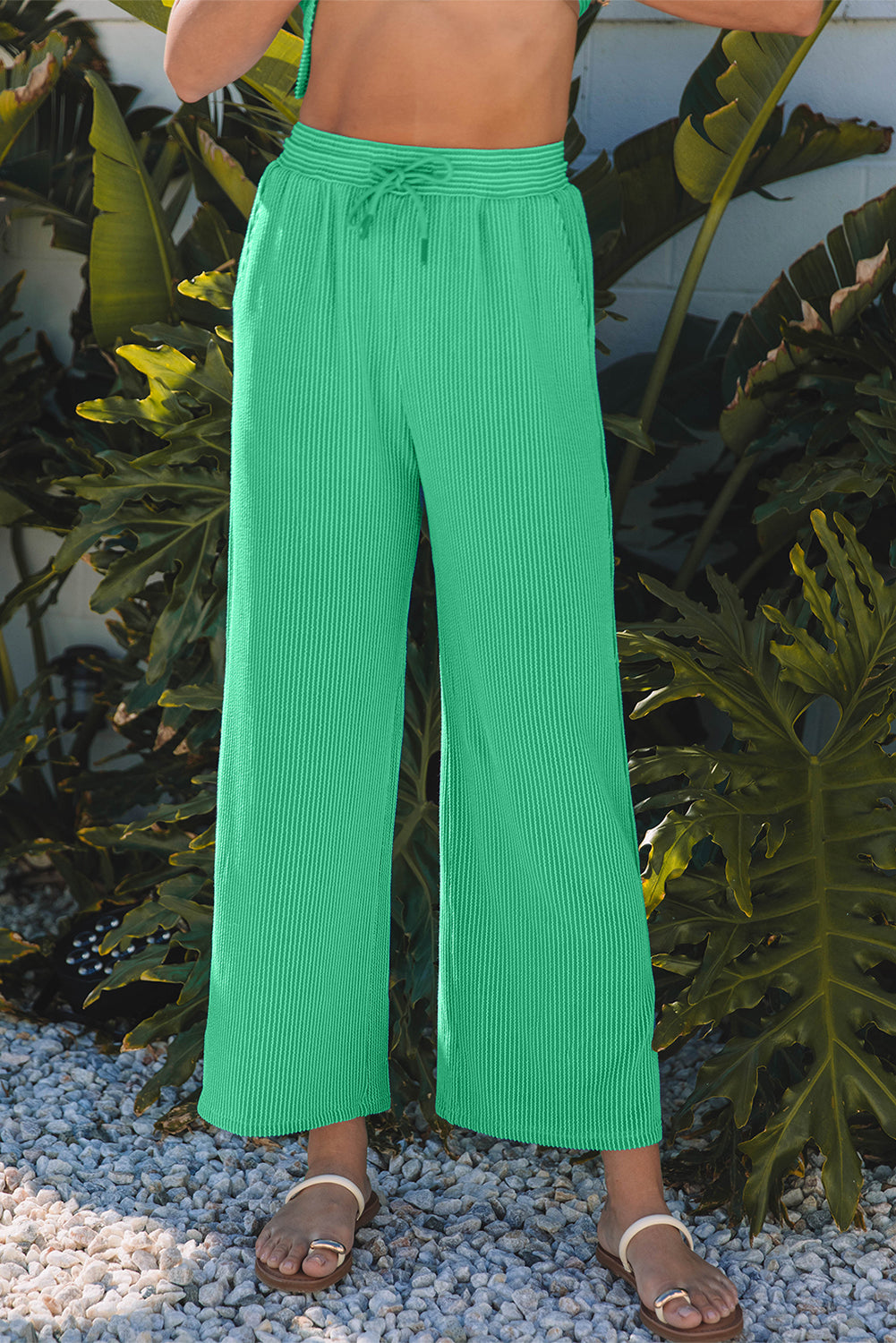 Corded Knit Short-Sleeve Tee & Wide-Leg Pants Set | Bright Green