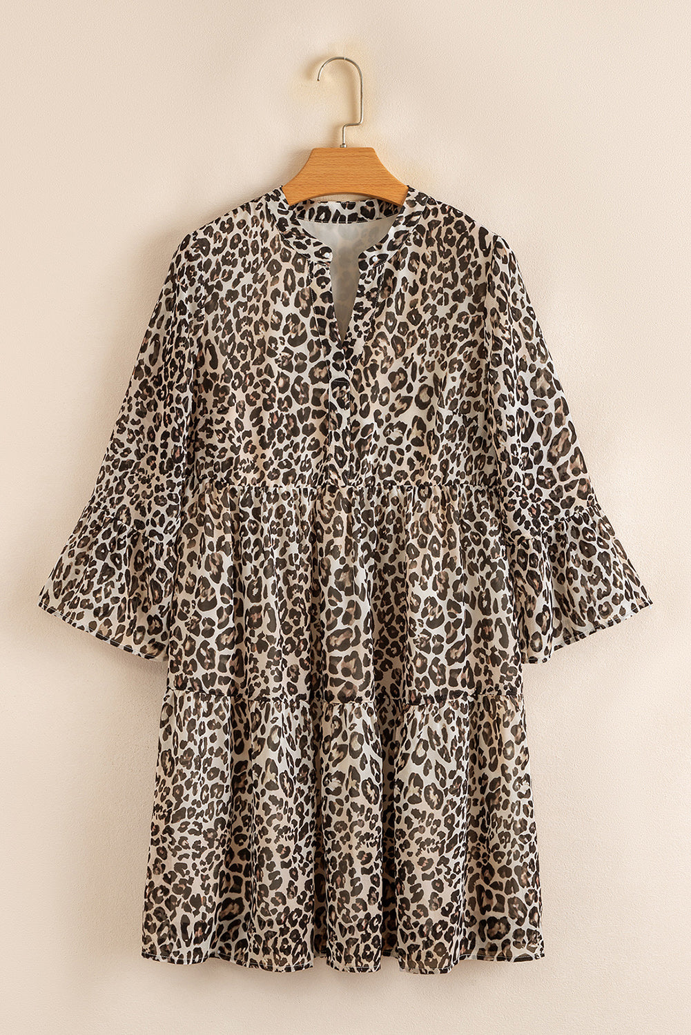 Khaki Leopard Print 3/4 Sleeve Split V-Neck Swing Dress