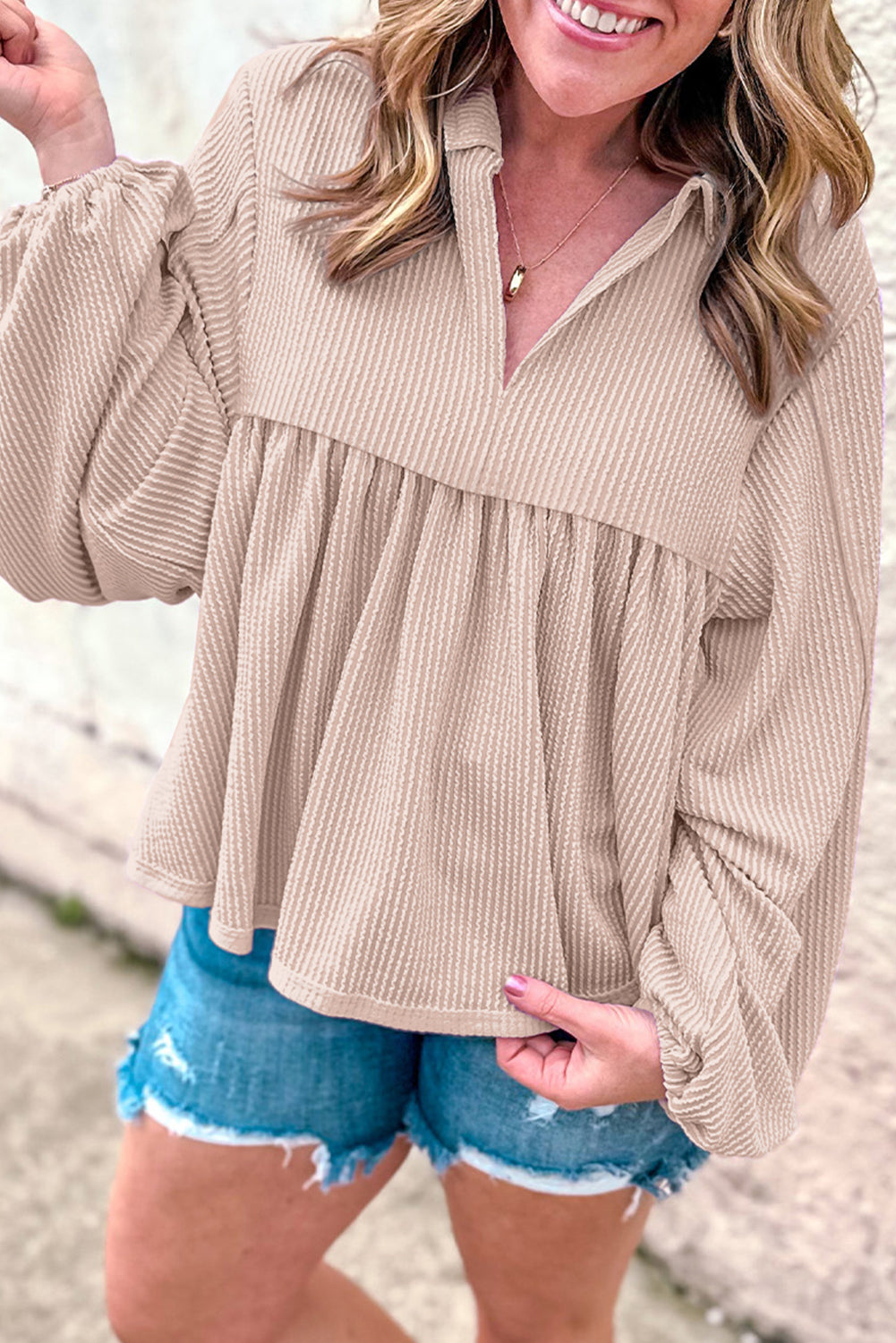 Corded Bubble Sleeve V-Neck Babydoll Blouse – Bright Pink & Tan Women S–2XL