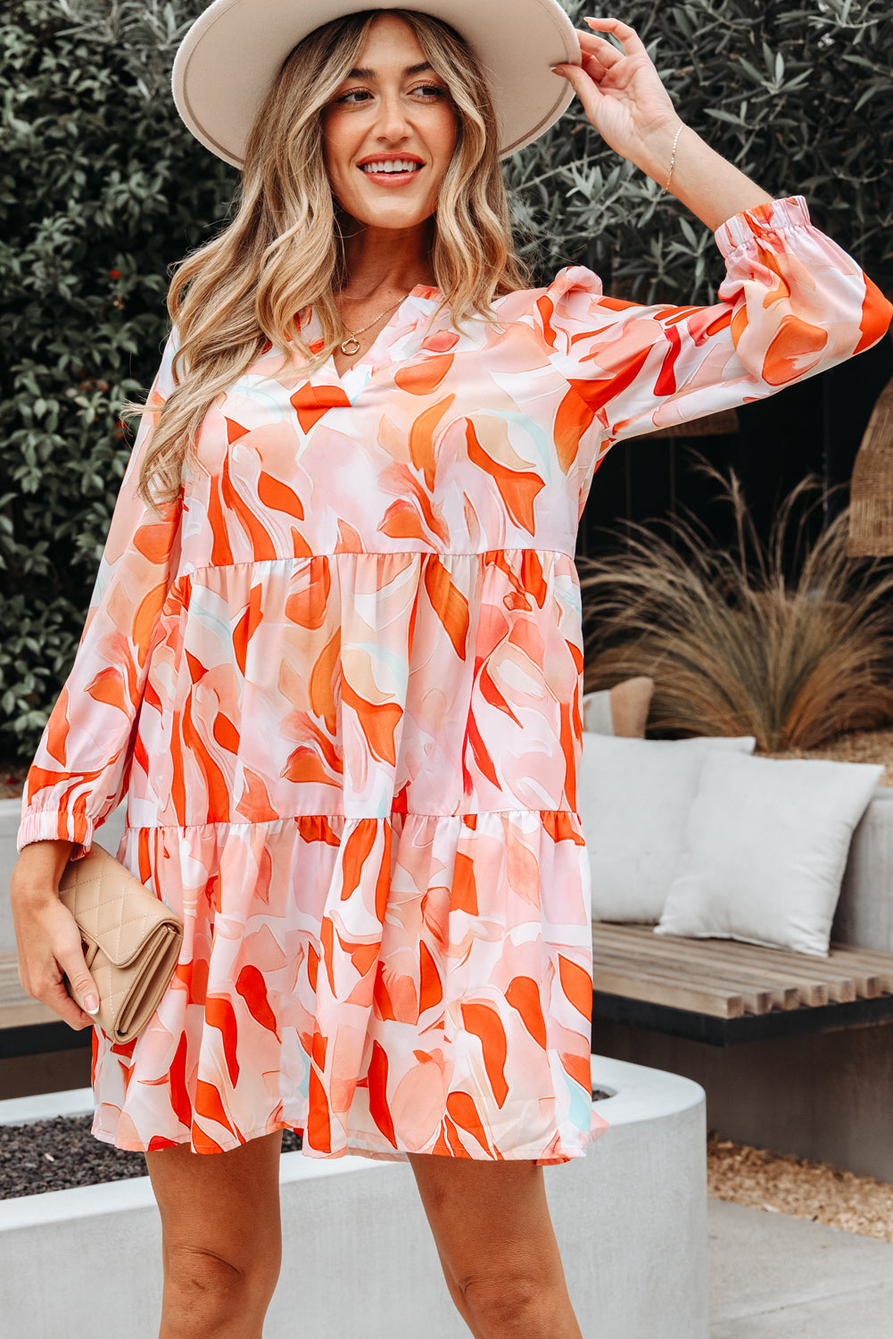 Orange Abstract Print Long Sleeve Midi Dress Women S–XL