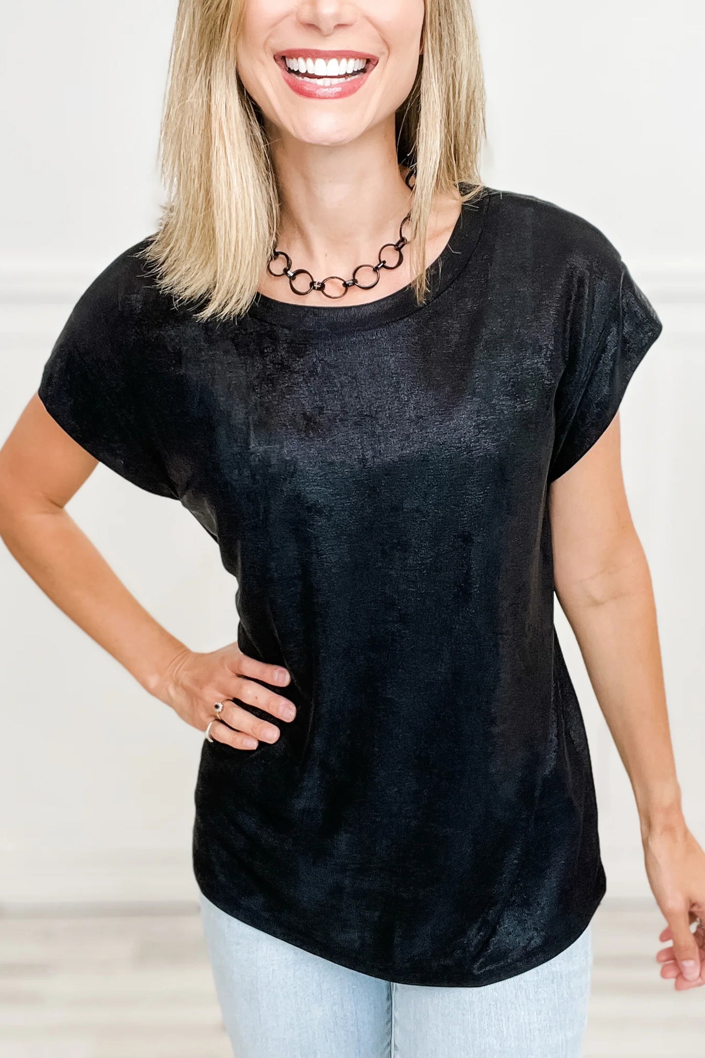 Metallic Round Neck Cap Sleeve Tee