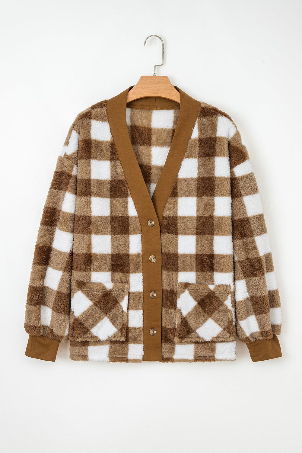 Checkered Sherpa Loose Knit Cardigan with Pockets