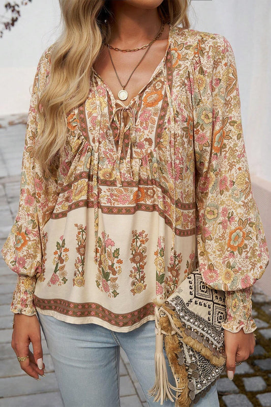 khaki Floral Print Tie Neck Lantern Sleeve Blouse