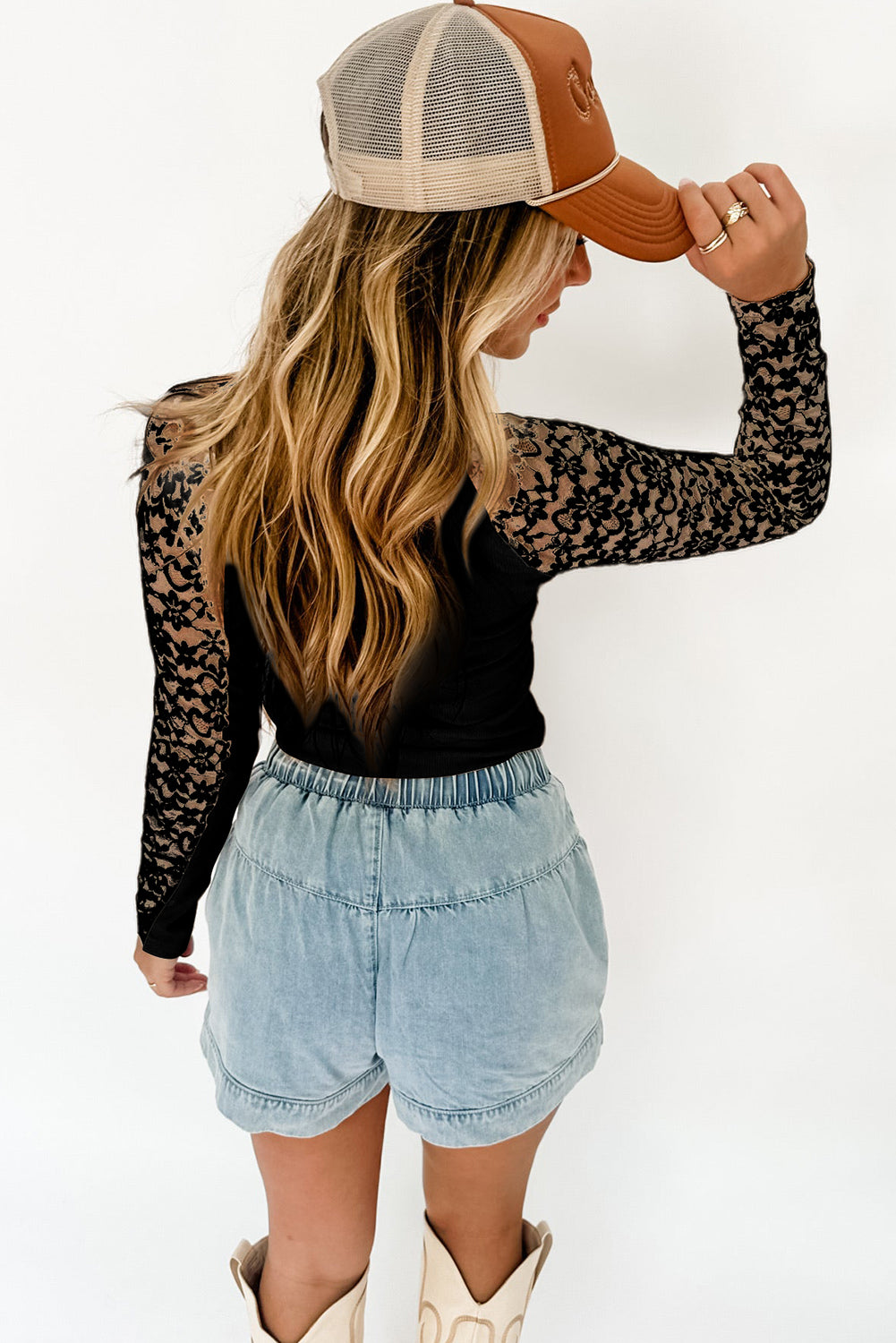 Floral Lace Patchwork High Neck Long Sleeve Slim Top | Black