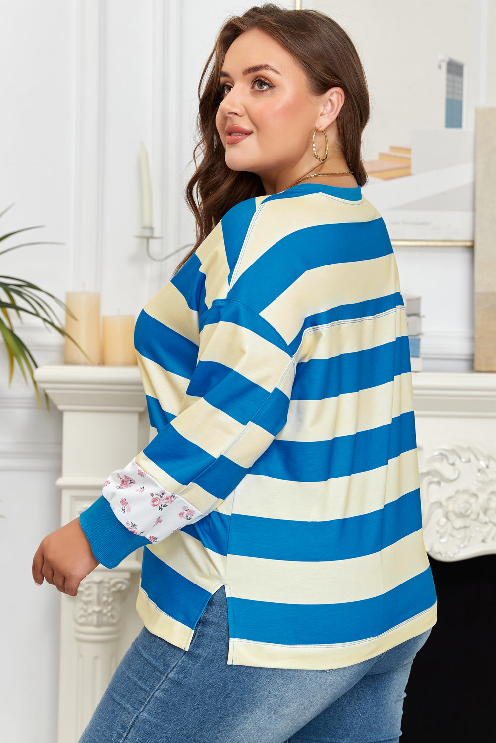 Plus Size Blue Stripe Floral Colour Block Drop Shoulder Pullover Women 1X–4X