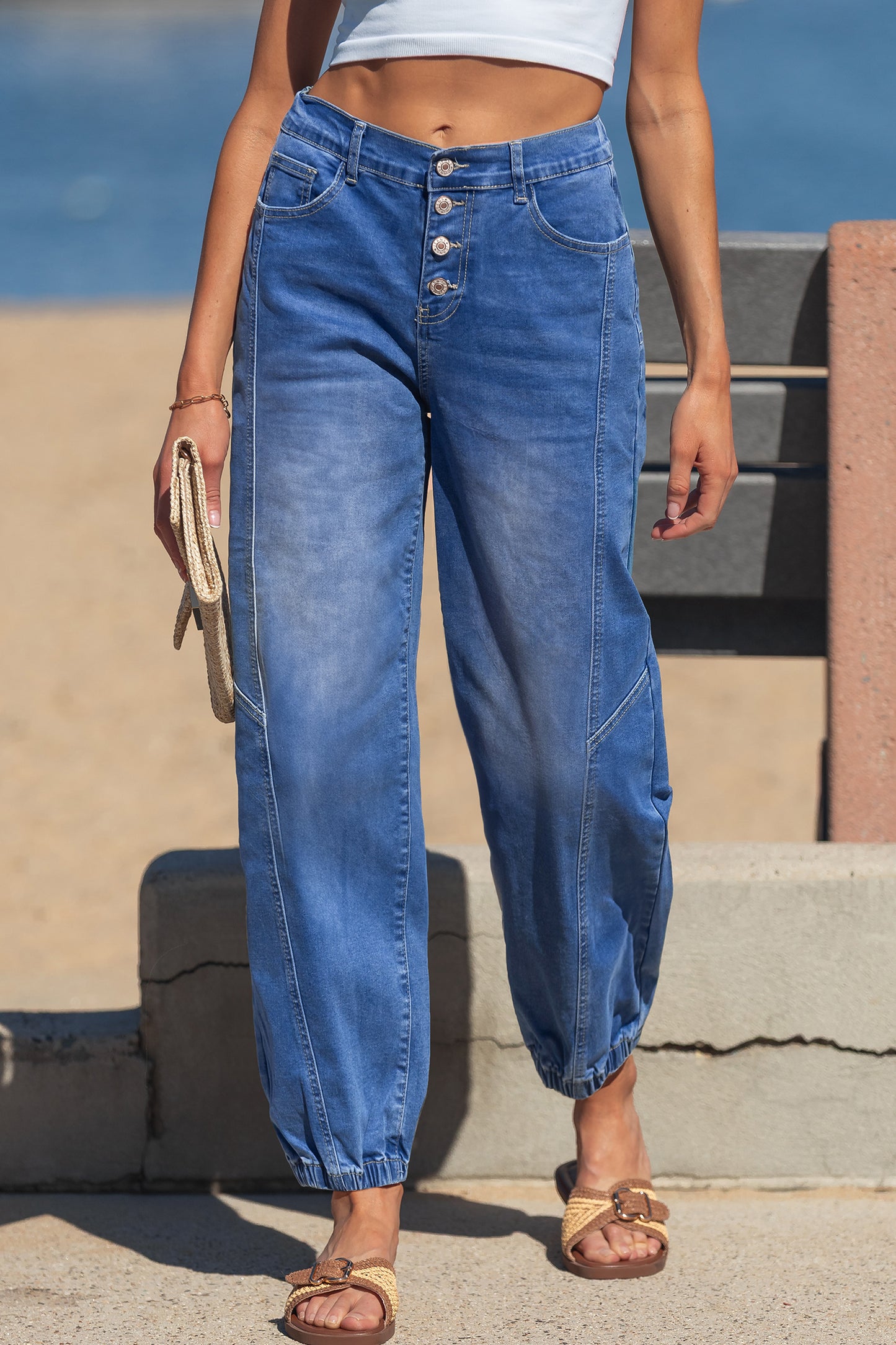 Tapered Relaxed-Fit Jeans with Elastic Cuffs | Blue