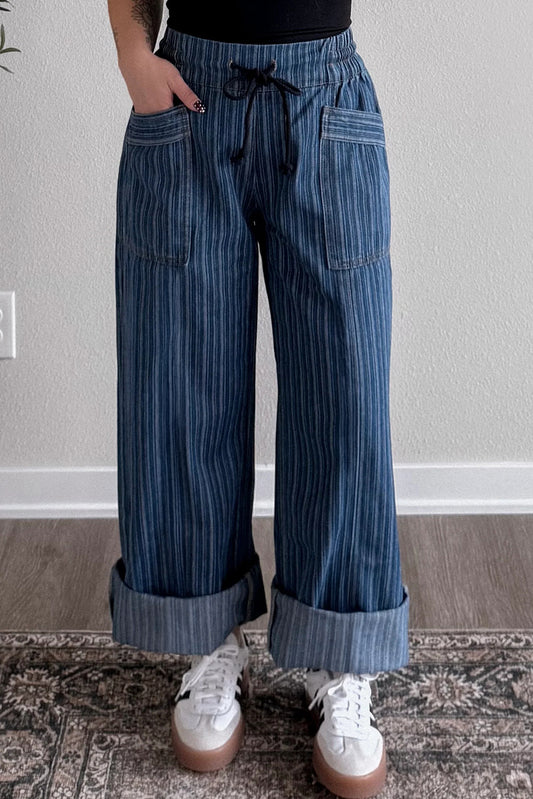 Blue Stripe Contrast Drawstring Pocketed Loose Jeans