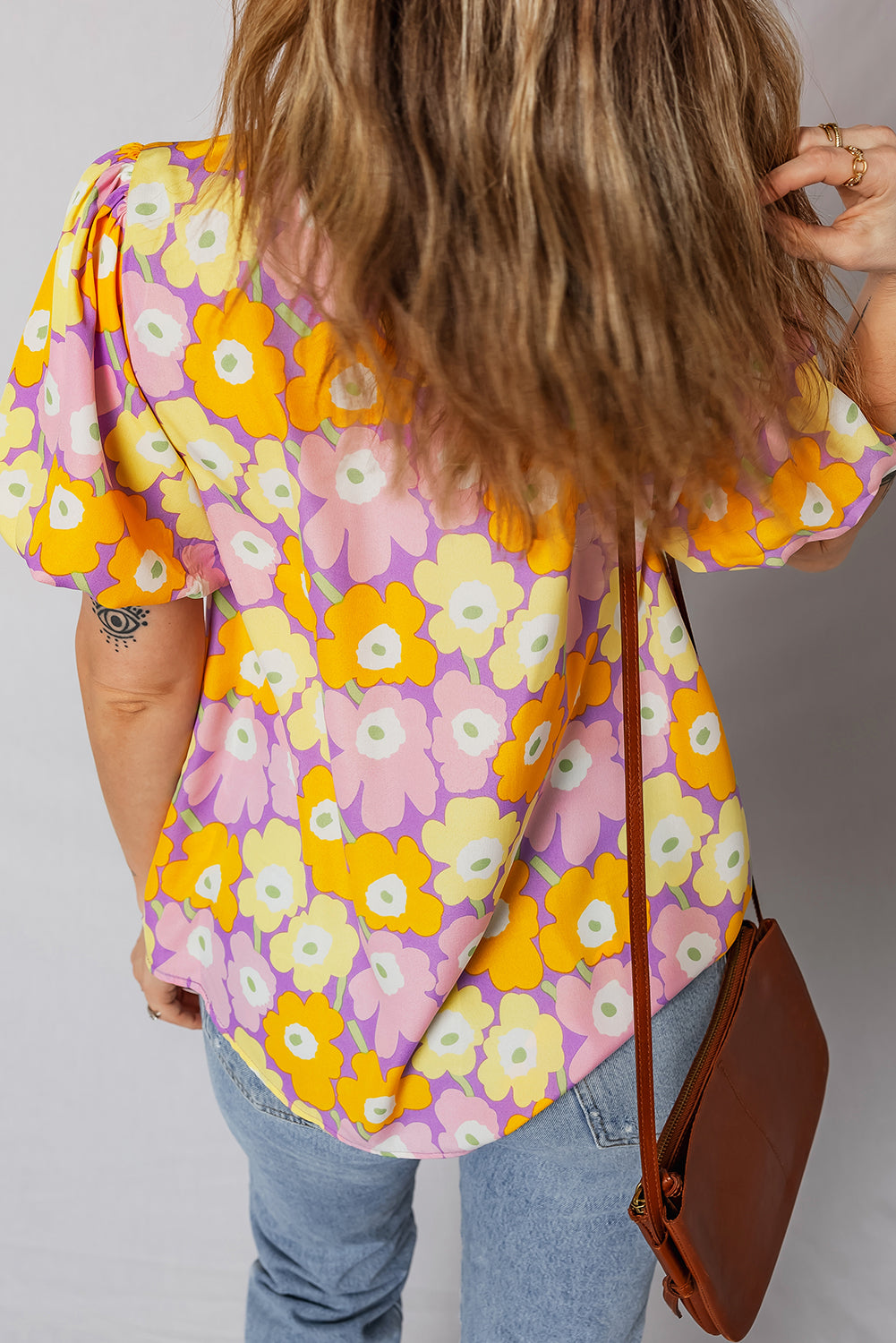 Floral Frilled Neck Puff Sleeve Blouse