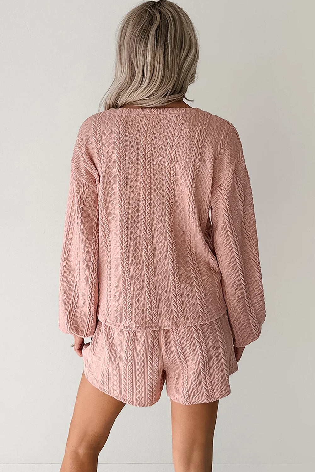 Pink Cable Knit V-Neck Cardigan and Shorts Set