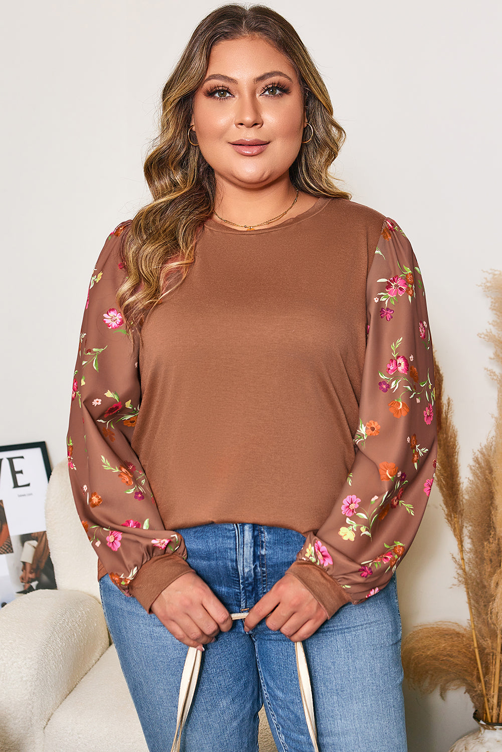 Floral Patchwork Sleeve Round Neck Blouse | Plus Size | Brown | 1X–4X