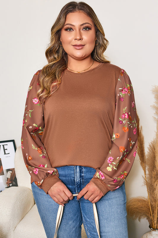 Floral Patchwork Sleeve Round Neck Blouse | Plus Size | Brown | 1X–4X