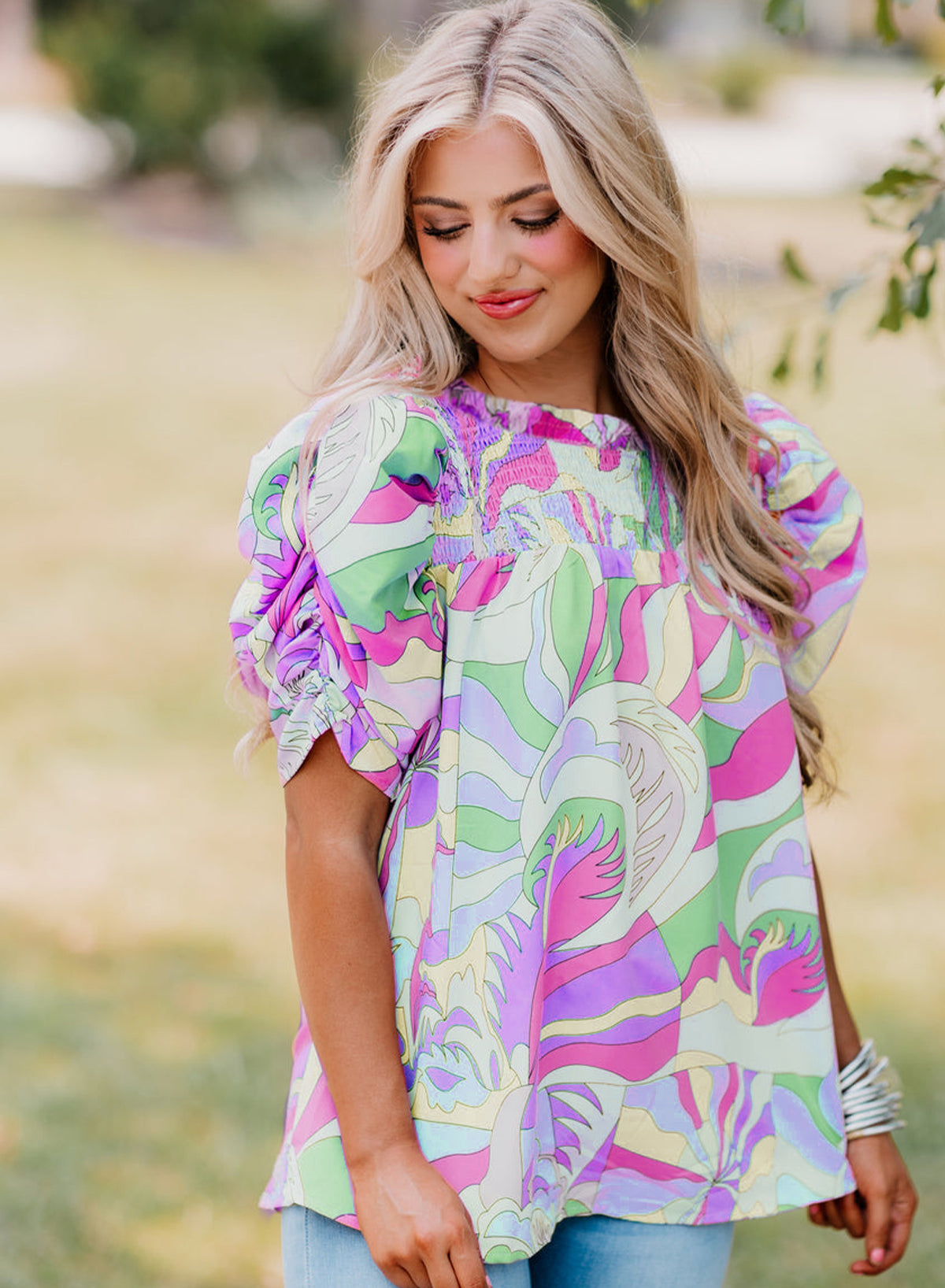 Mint Green Abstract Print Bubble Sleeve Smocked Neckline Blouse | S–XL