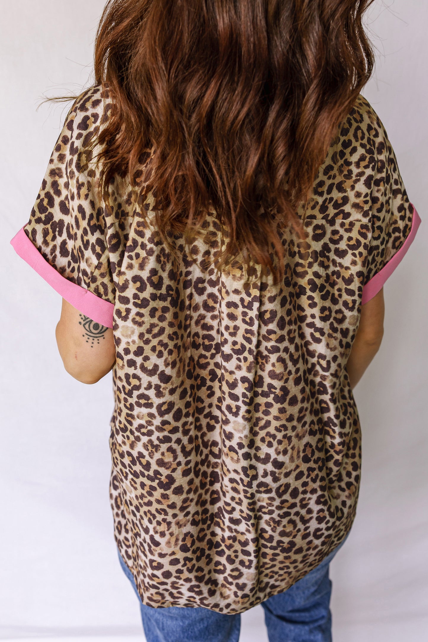 Leopard Print Contrast Trim Button-Up Short Sleeve Shirt