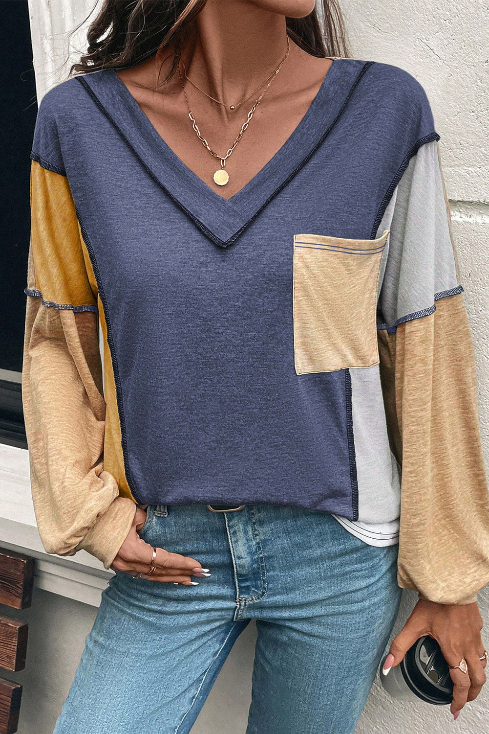 Exposed Stitching Colorblock V-Neck Top in Blue & Tan