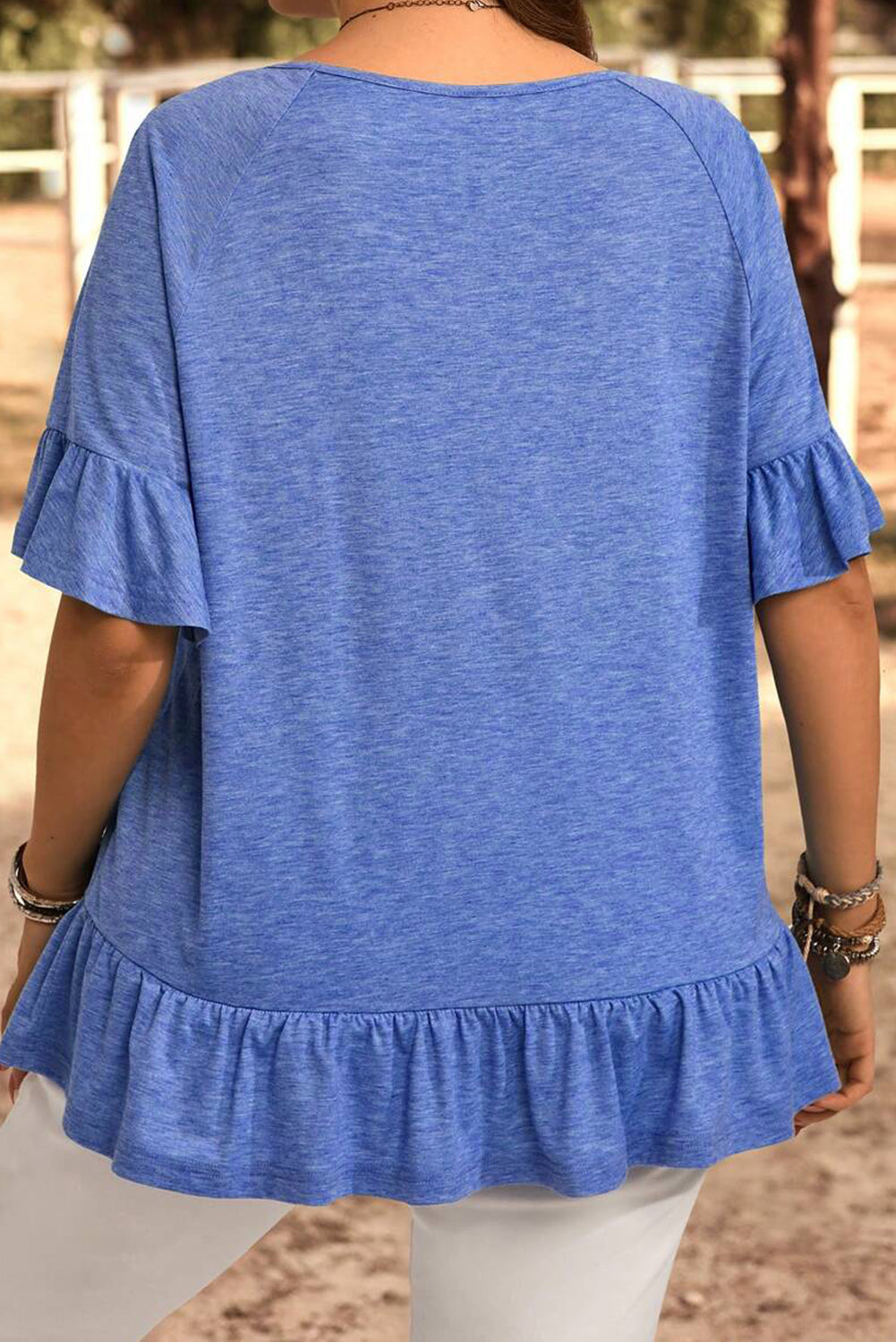 Ruffled Raglan Short Sleeve Blouse | Plus Size | Dusk Blue | 1X–4X