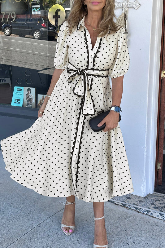 Womens White Polka Dot Midi Dress Scalloped Trim Belted S to XL