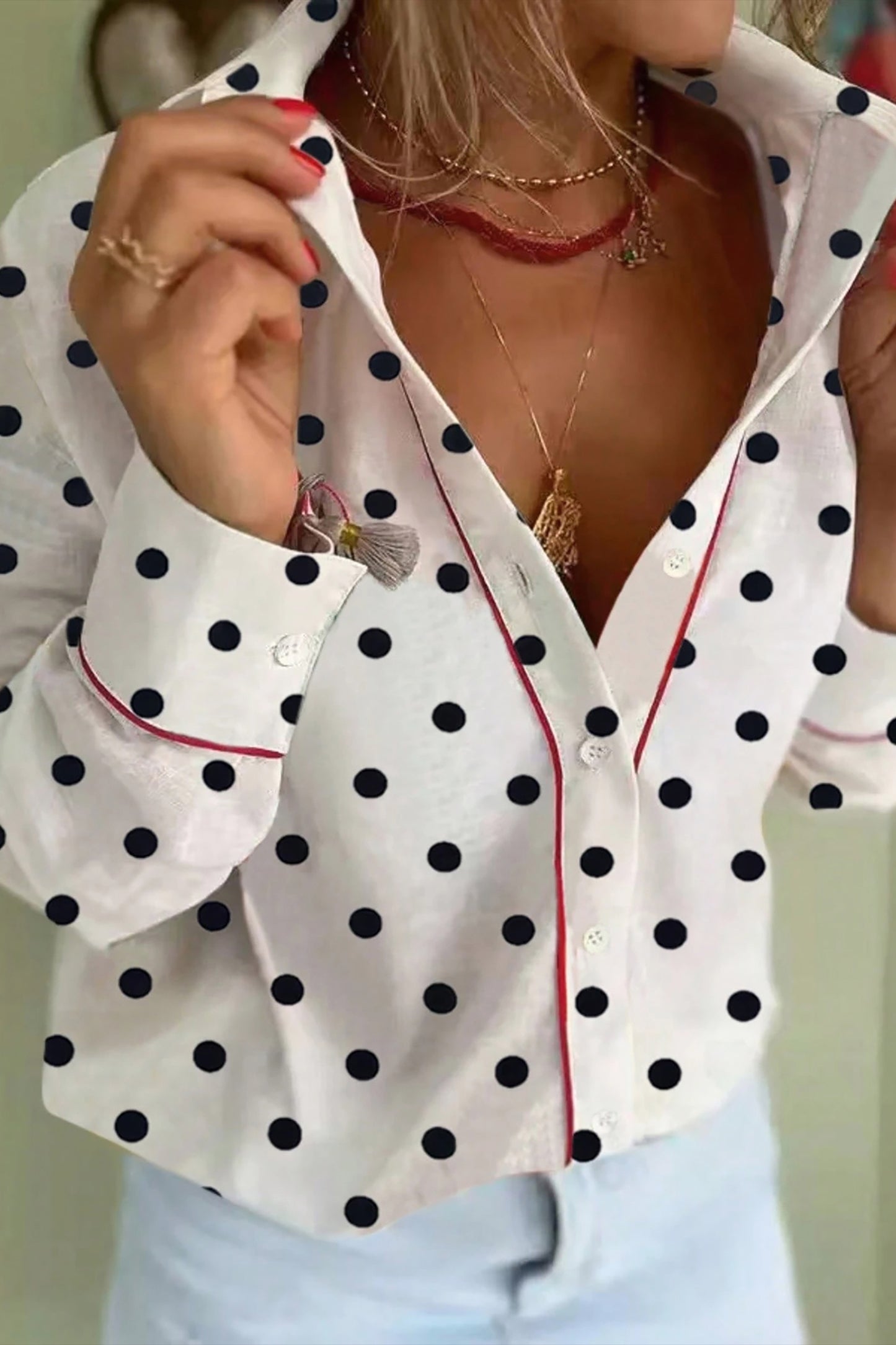 Polka Dot Contrast Piping 3/4 Sleeve Viscose Shirt
