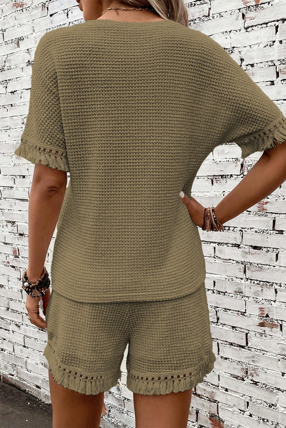 Green Fringe Trim Textured Waffle Knit Tee Shorts Set