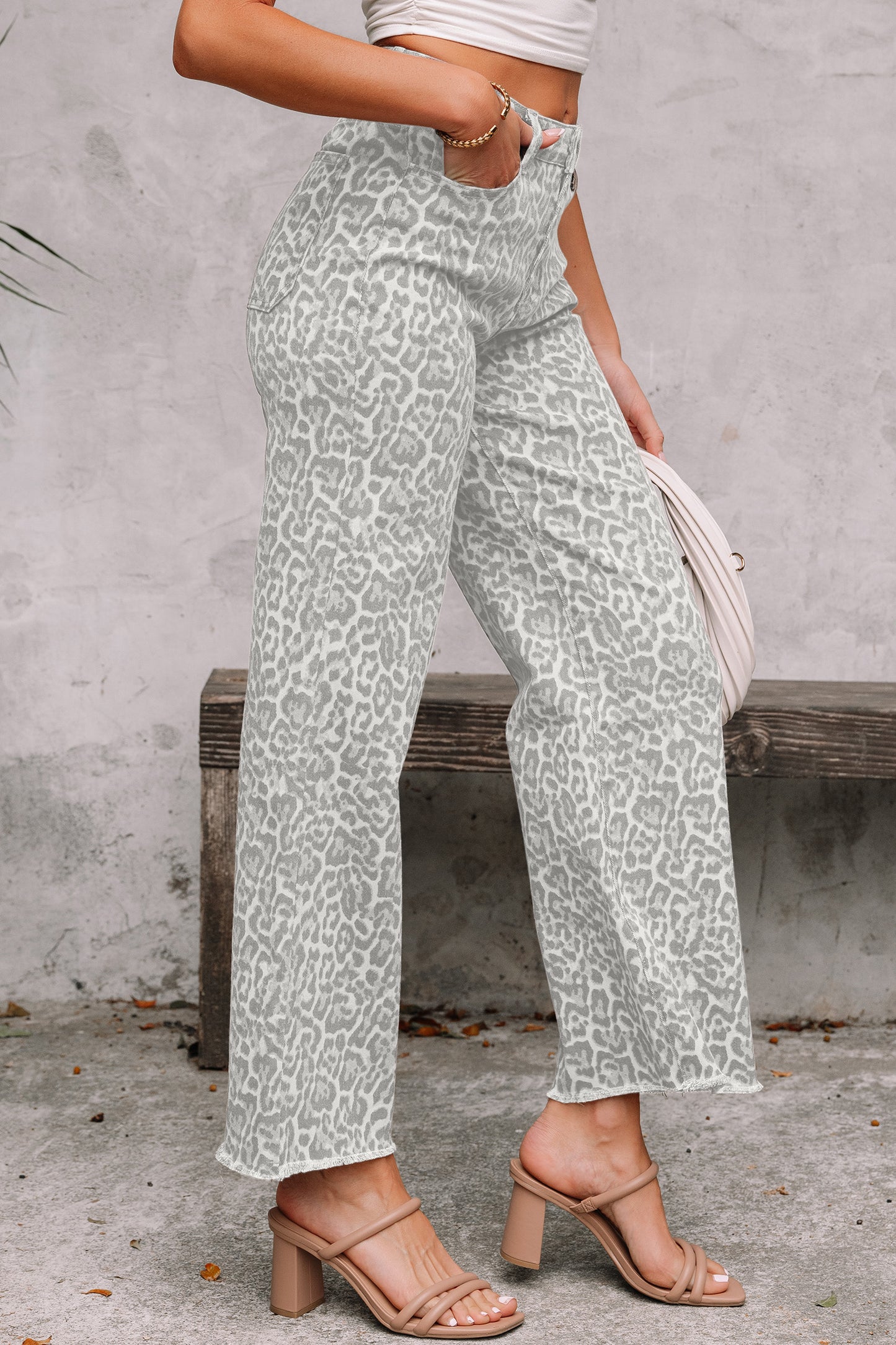 Leopard Print Wide-Leg High-Waist Jeans with Frayed Hem | Grey, Dark Grey & Brown