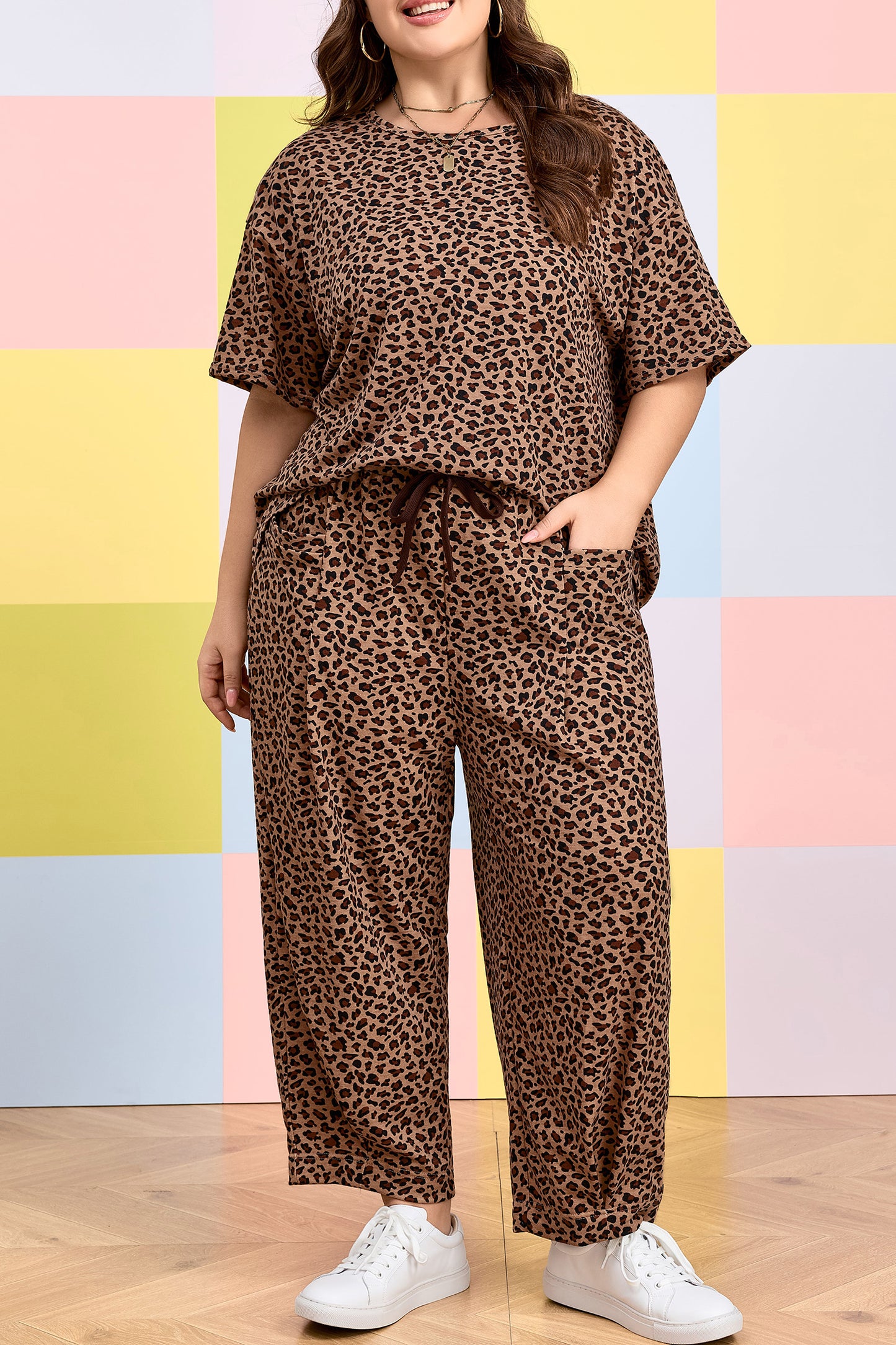 Plus Size Leopard Print Loose Top and Pleated Pants Set Women 1X–4X