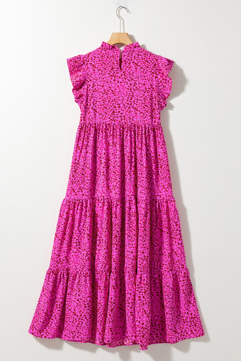 Rose Red Leopard Print Ruffled Trim Flutter Sleeve Frilled Neck Tiered Maxi Dress