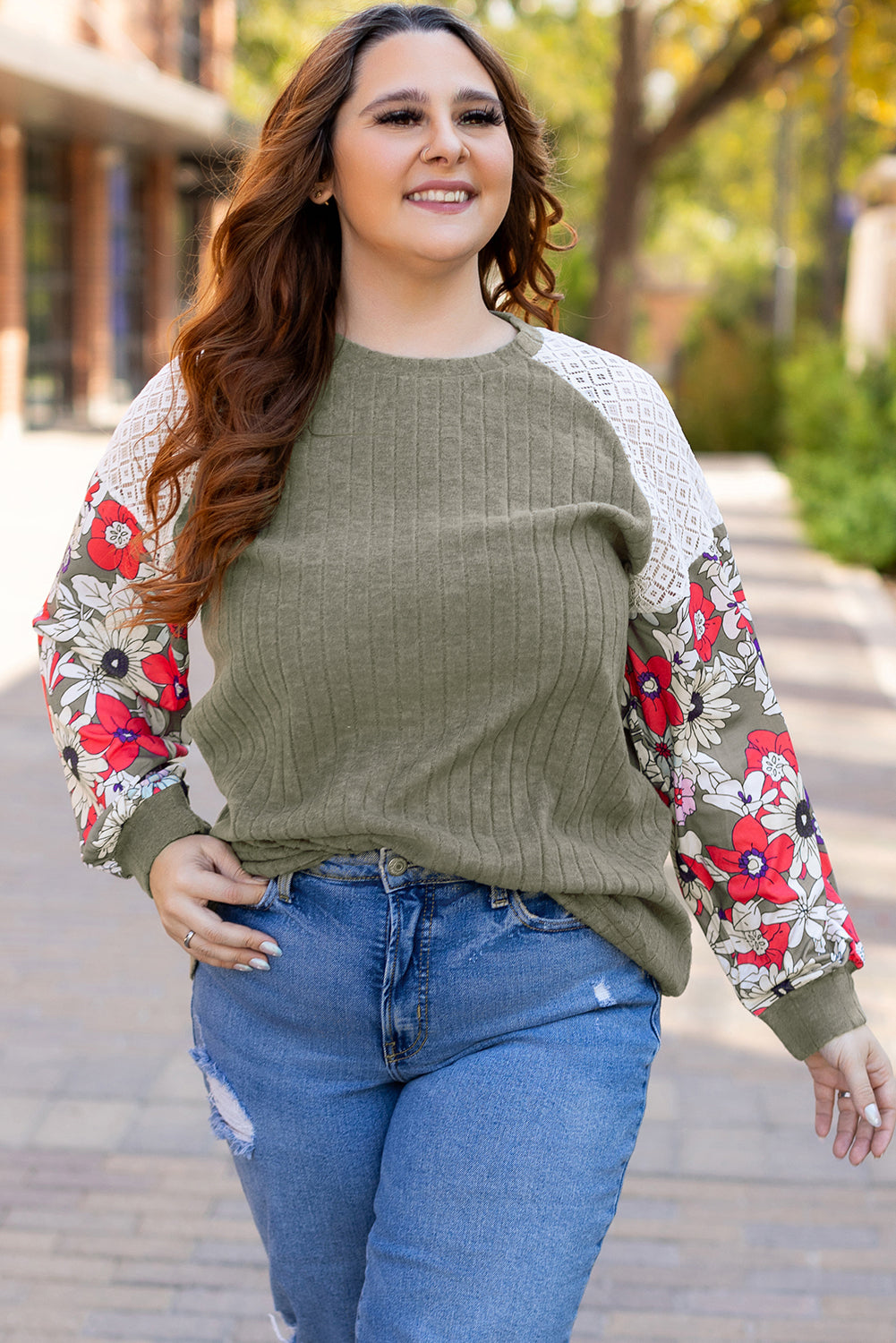 Plus Size Ribbed Floral Sleeve Blouse Women 1X–4X