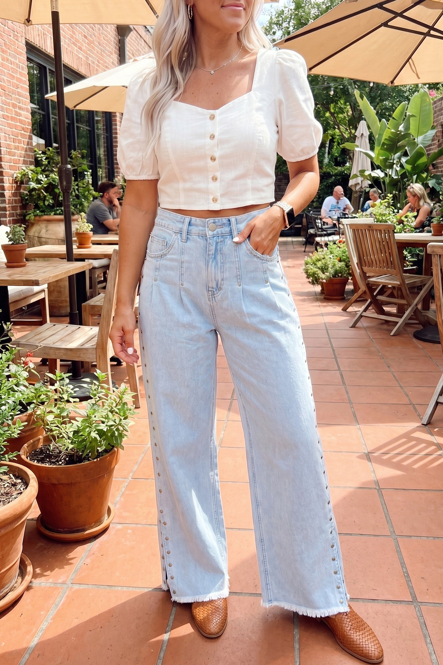 Light Blue Studded Side Slit Frayed Pocket Wide Leg Jeans | Sizes 4–16