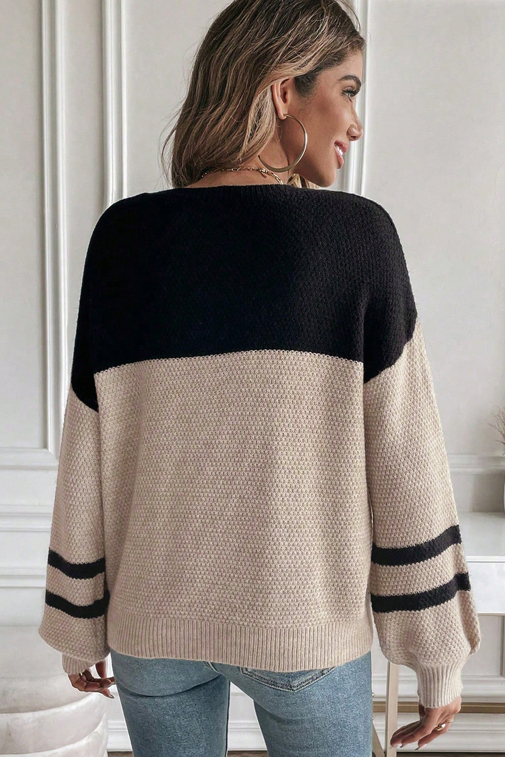 Colorblock Knit Striped Sleeve Sweater