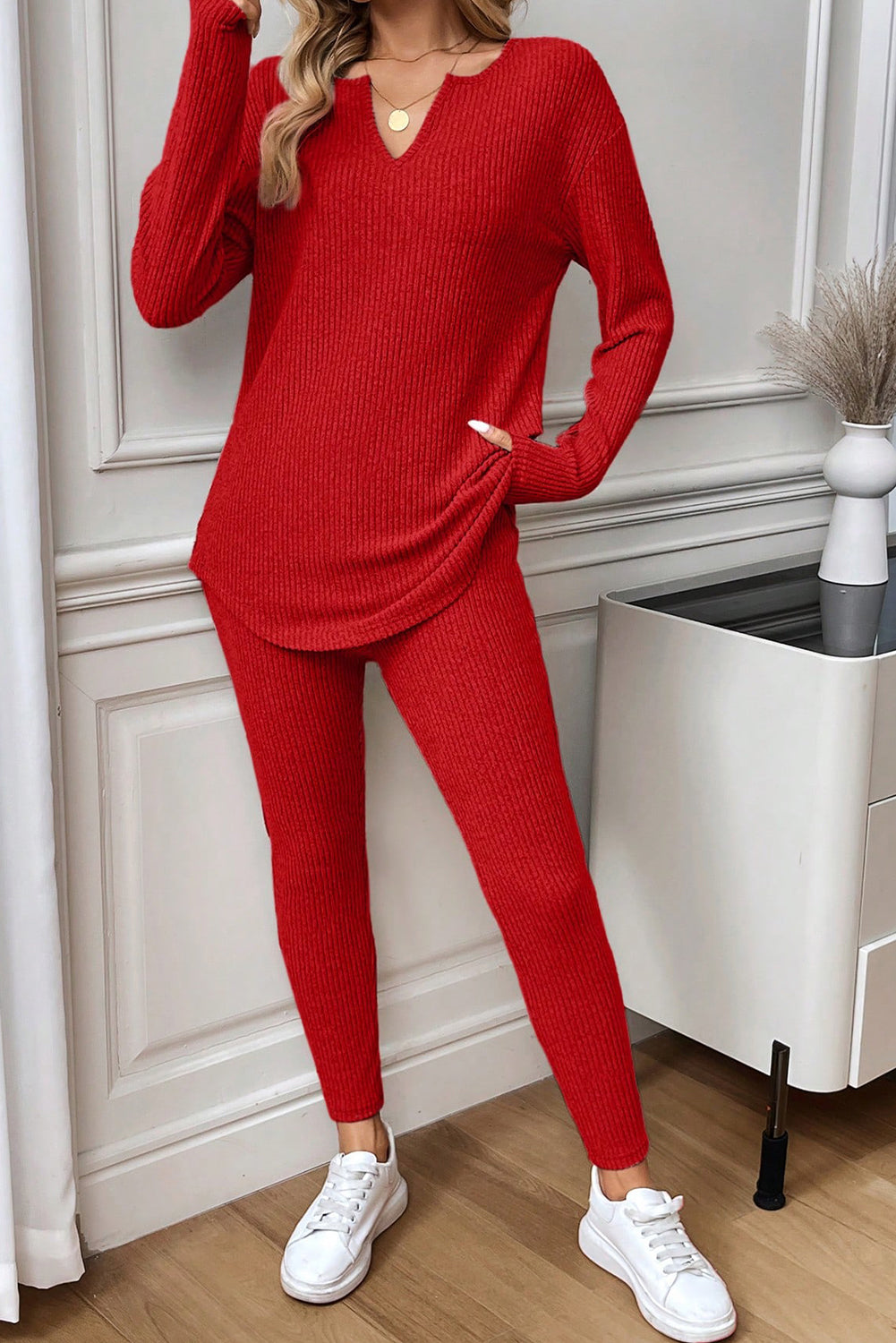 Ribbed Notched Neck Long Sleeve Top & Leggings Lounge Set